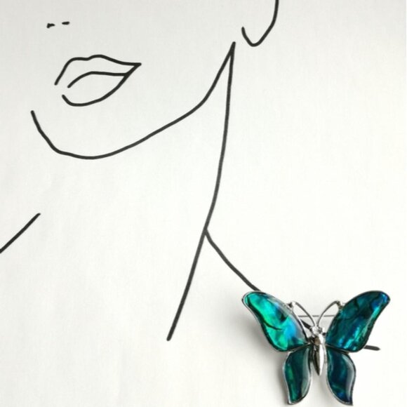 NWT handmade Abalone shell blue butterfly brooch pin - Picture 7 of 8